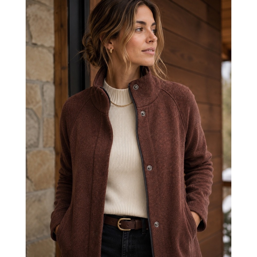Title Nine Alchemy Swacket Jacket Brown Full Zip Fleece Tunic Snap XS